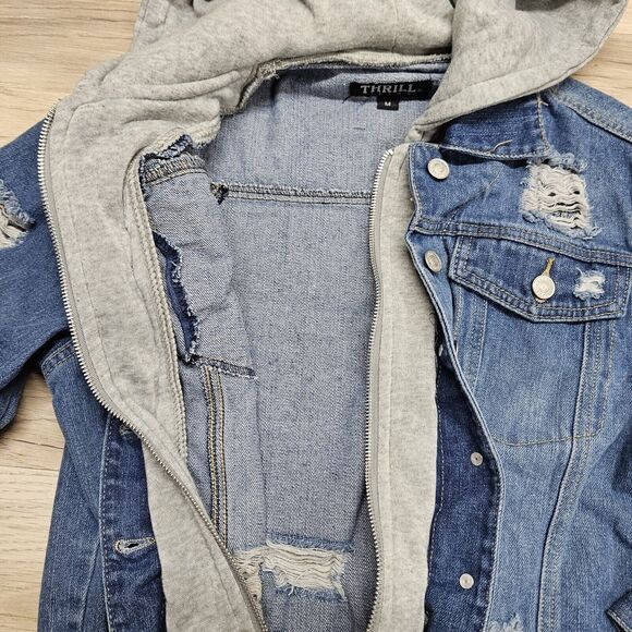 THRILL JEANS Womens Blue Gray Layered Distressed Denim Jean Jacket Medium - Picture 7 of 14